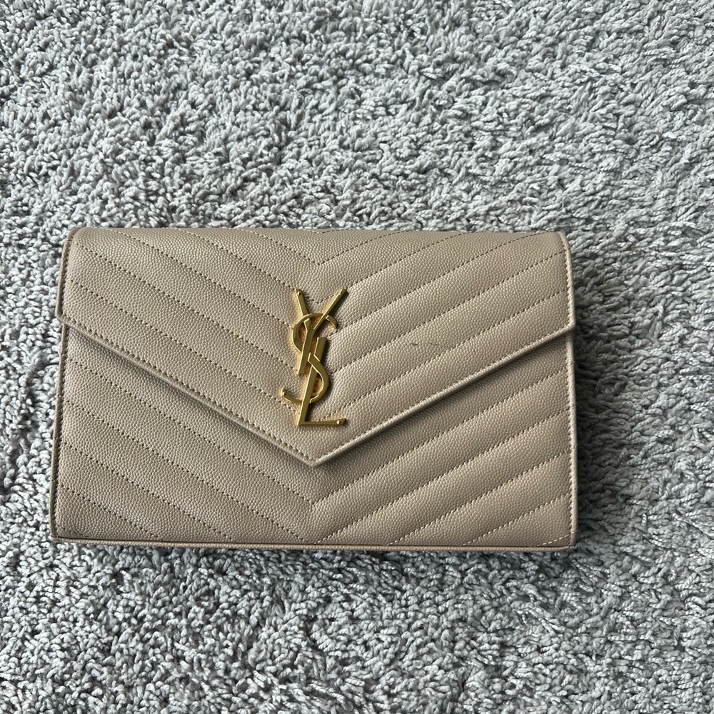 Yves Saint Laurent Beige Quilted Clutch with Gold Logo